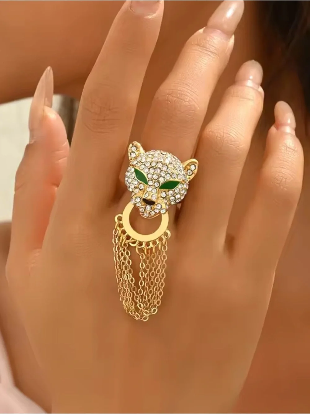 Adjustable size Gold Crystal Leopard Head Ring with Green Eyes